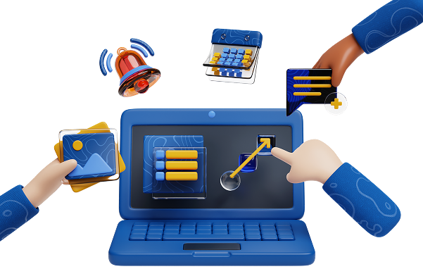 Illustration with laptop and UI widgets